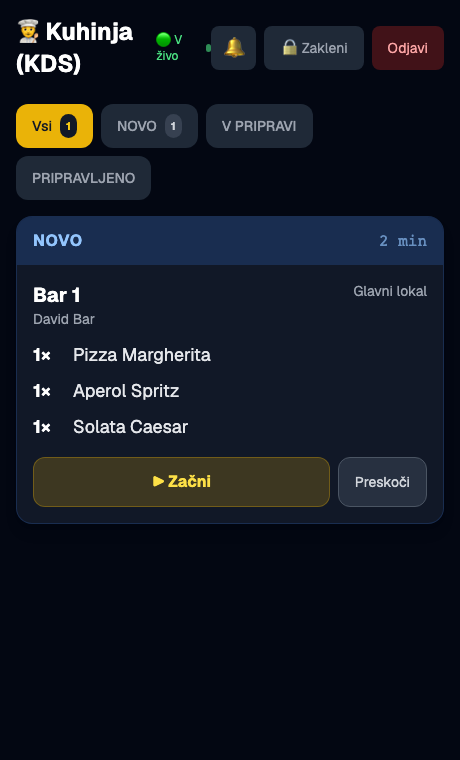Kuhinjski zaslon (KDS) z naročili