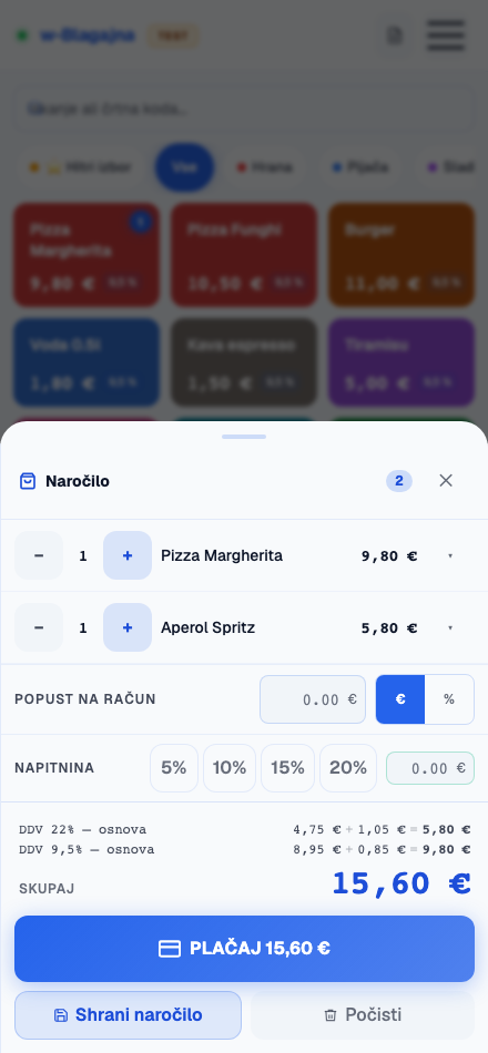 Naročilo s popustom, napitnino in DDV razčlenitvijo