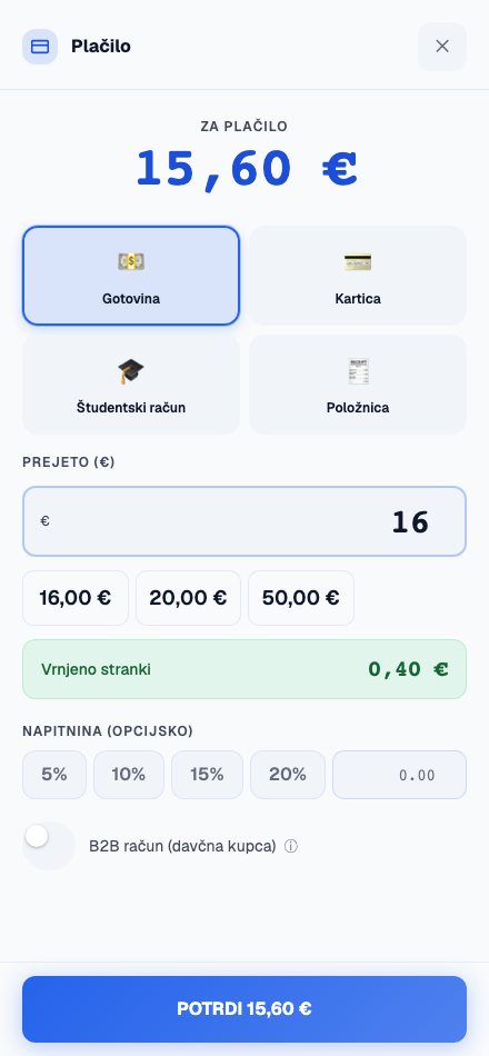 Plačilo — gotovina ali kartica
