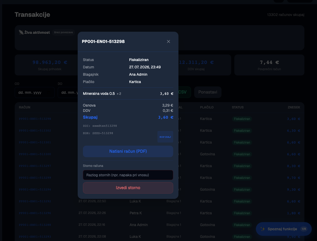 Vse transakcije in okno za storno / vračilo